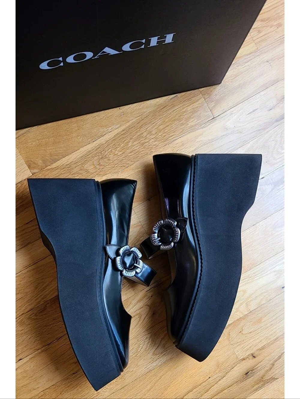 Coach Tea Rose Platform Mary Jane Shoes Black 9.5 Emo Whimsigoth 70s Chunky
